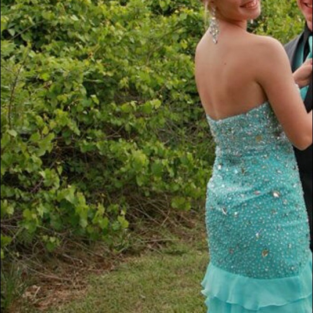 Teal prom dress strapless and gray sparkly shoes